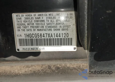 1999 Honda Accord Lx из США, поврежденный, VIN 1HGCG5647XA144120